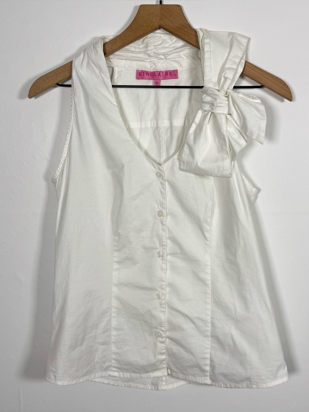 SINCLAIRE 10 White Cotton Button Up Tank Sleeveless Blouse Shoulder Bow Sz M